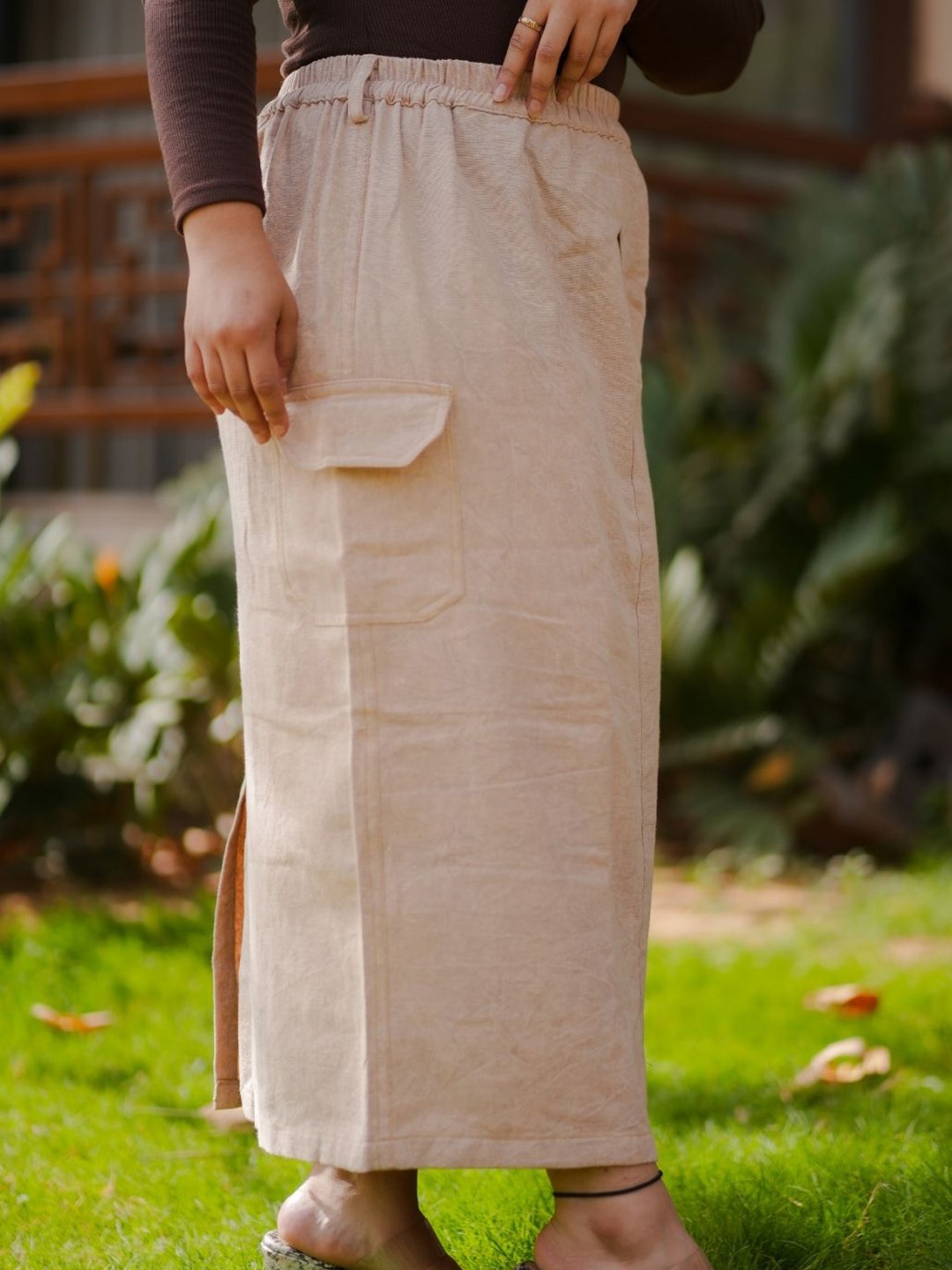 

SASSY SAJJA Women Pure Cotton Back Slit Straight Maxi Skirt, Beige
