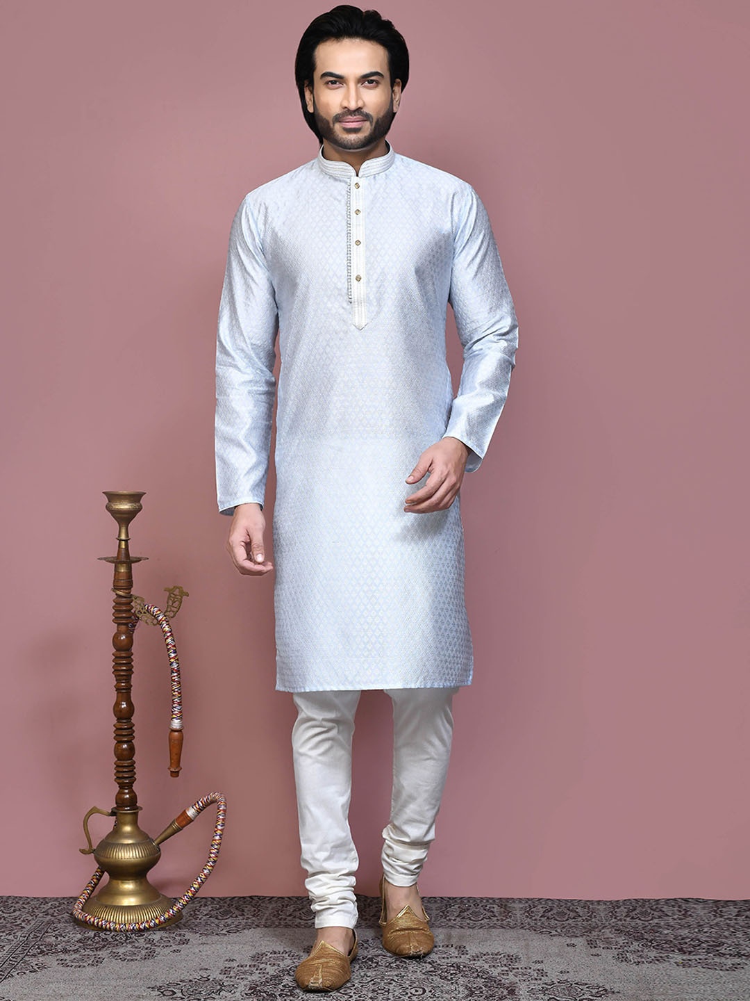 

RANAK Ethnic Motifs Woven Design Mandarin Collar Straight Kurta, Grey