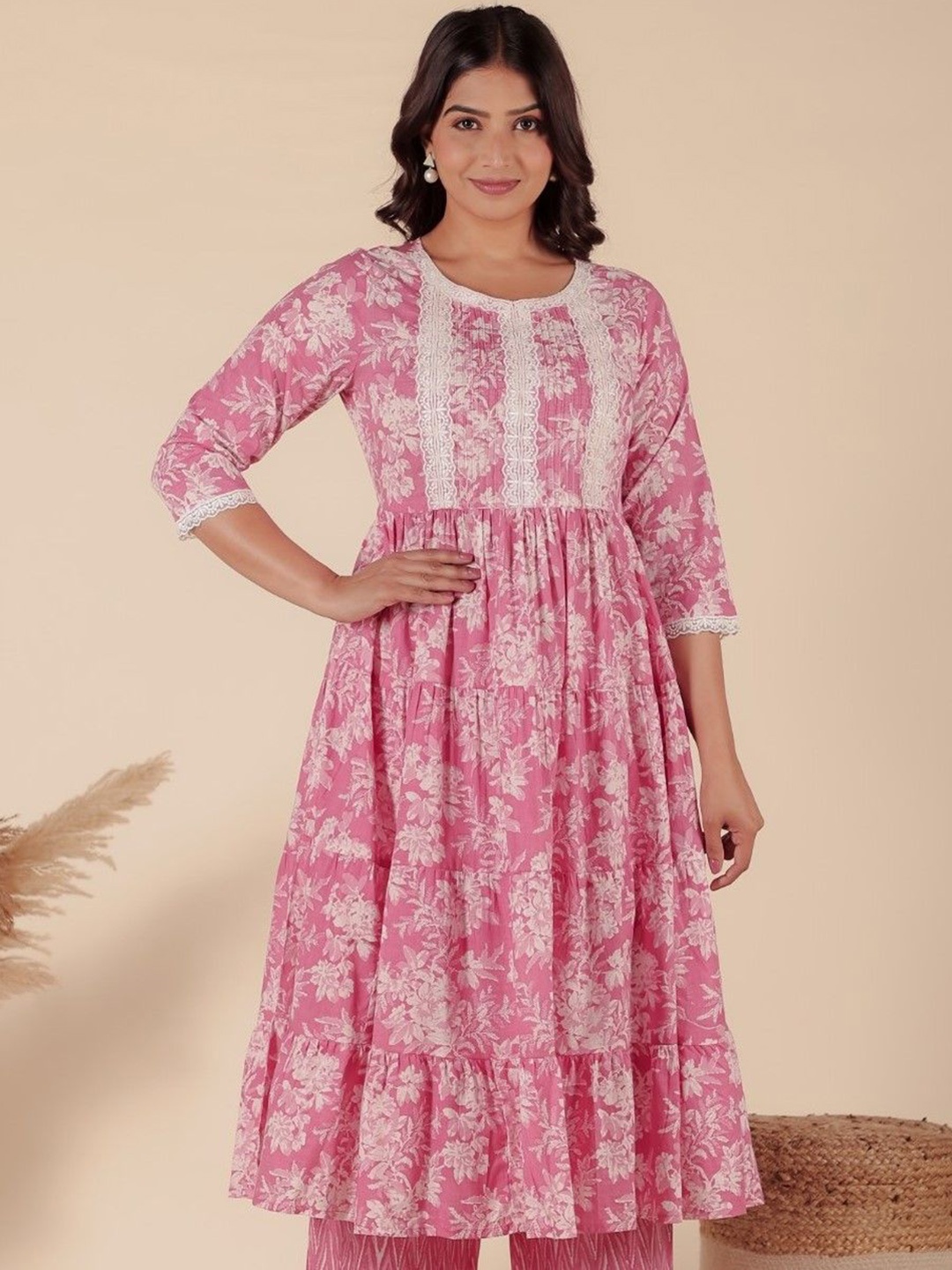 

Aramya Floral Printed Thread Work Tiered Soft Cotton Anarkali Kurta, Pink