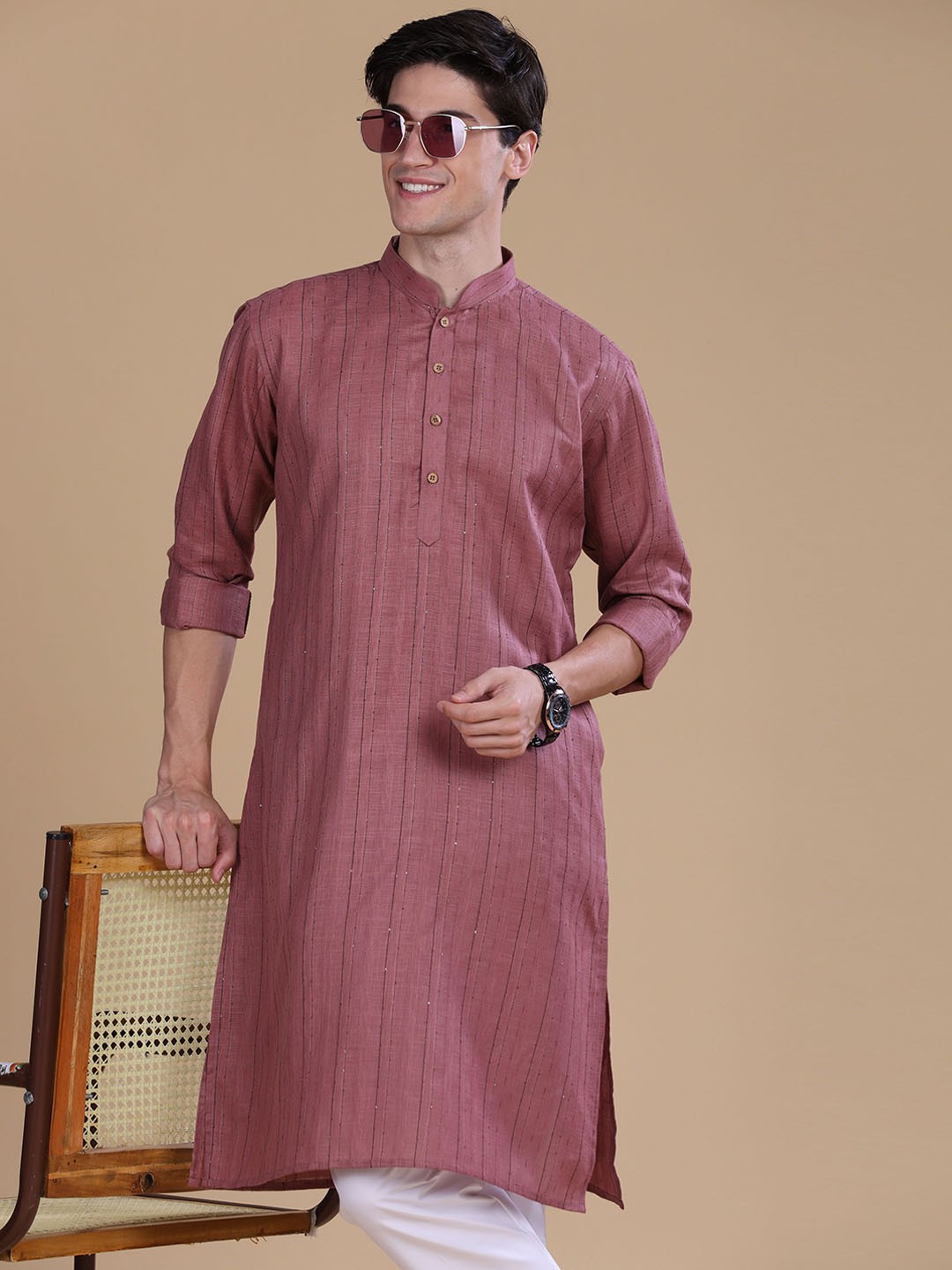 

Anouk Pink Striped Mandarin Collar Cotton Straight Kurta