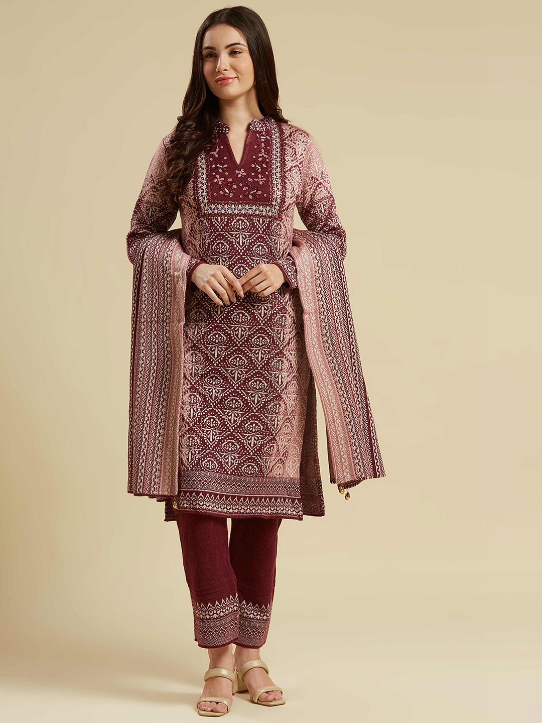 

Peachmode Floral Thread Work Pure Wool Kurta with Trouser & Dupatta, Maroon