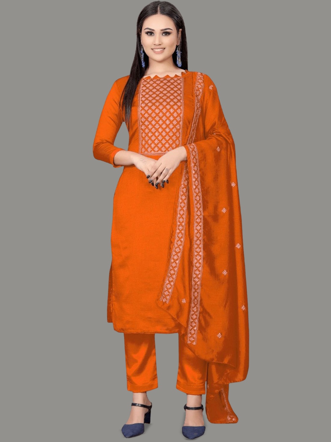 

APNISHA Floral Embroidered Sequinned Pure Silk Unstitched Dress Material, Orange