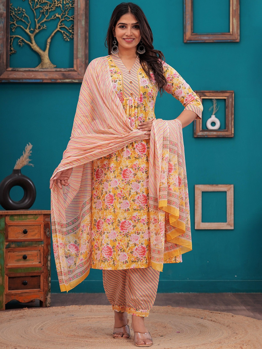 

Meeranshi Floral Printed Pure Cotton Kurta With Harem Pants & Dupatta, Mustard