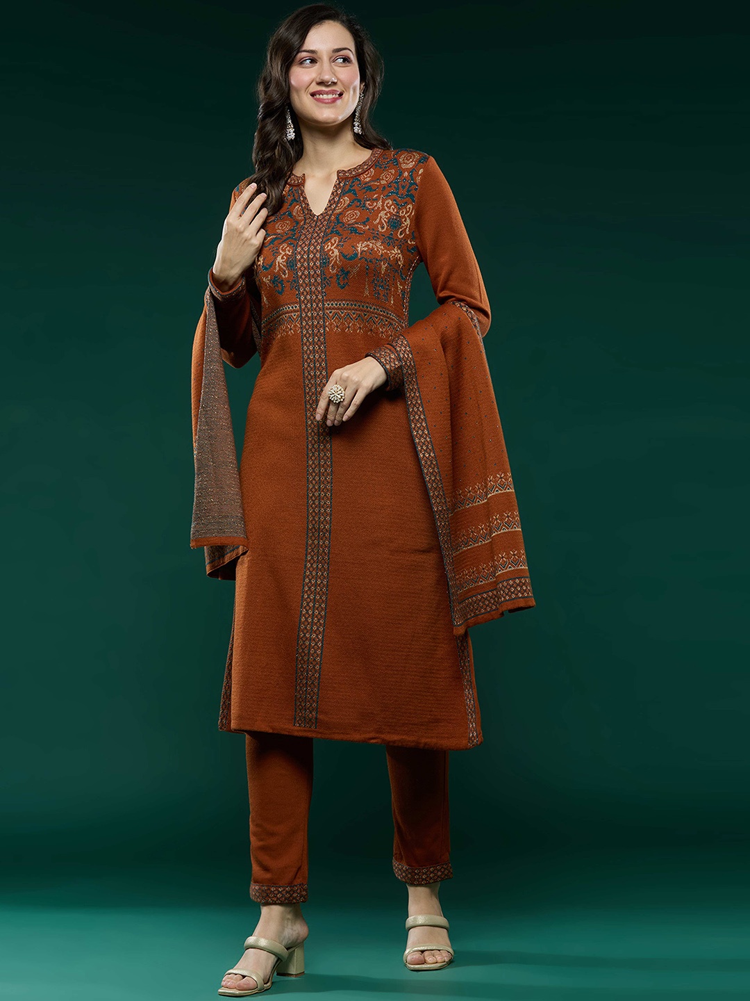 

Peachmode Mandarin Collar Floral Woven Design Pure Wool Kurta with Trouser & Dupatta, Rust