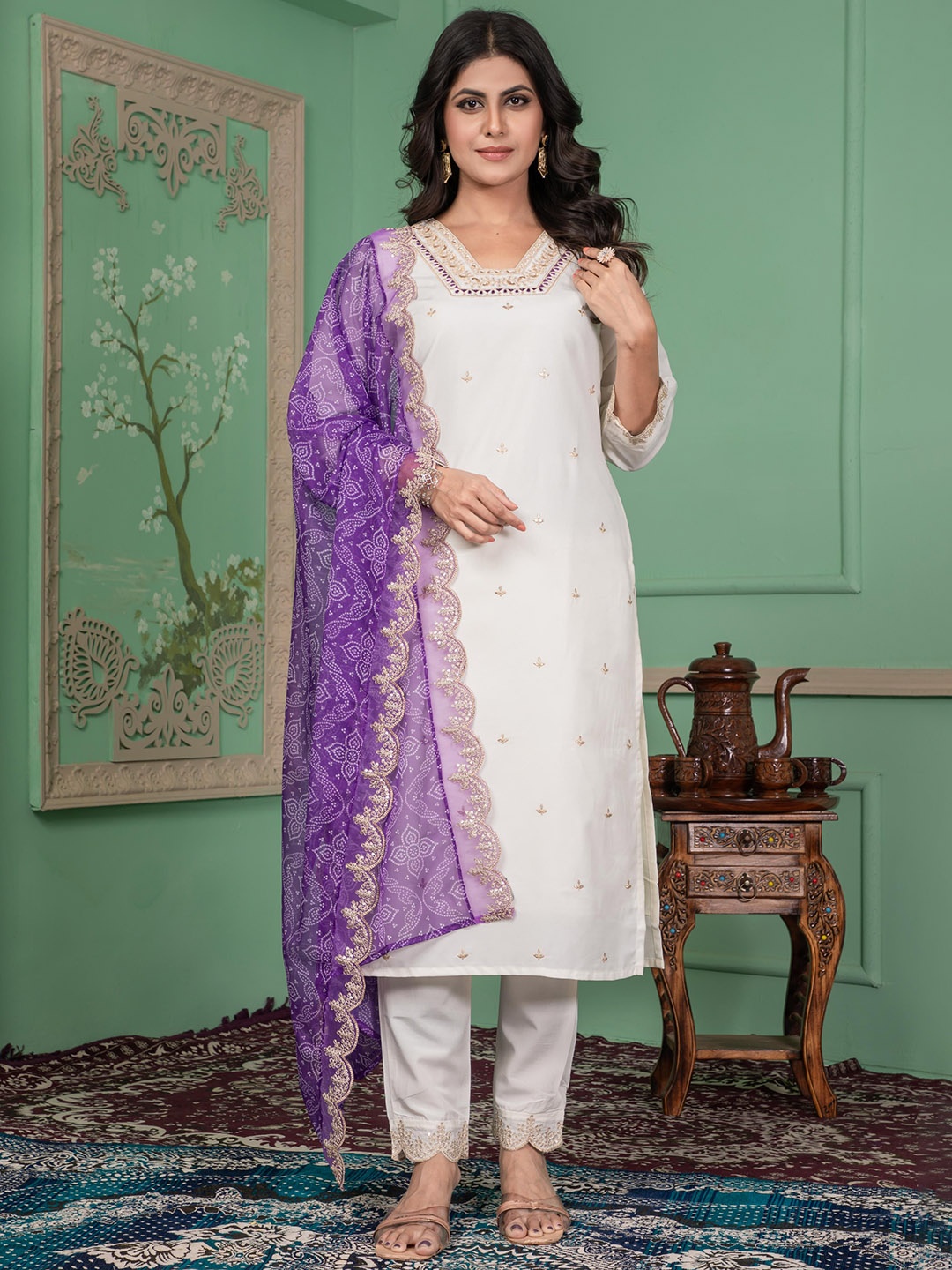 

Rujave Floral Embroidered Sequinned Raw Silk Straight Kurta With Trousers & Dupatta, White