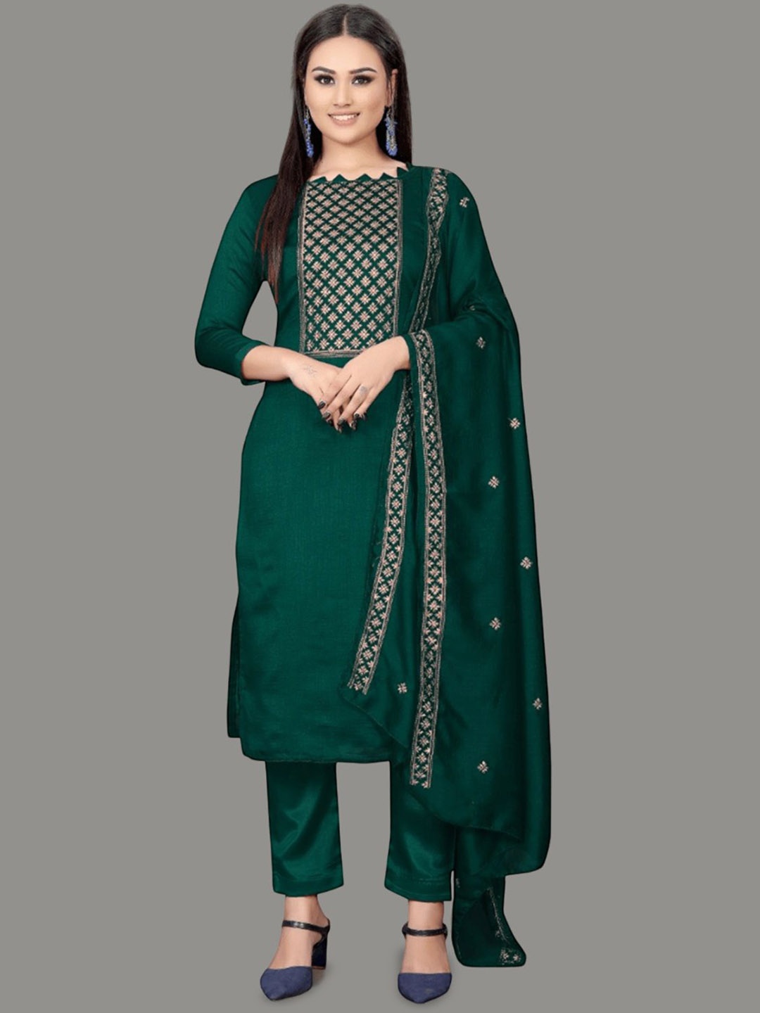 

APNISHA Floral Embroidered Pure Silk Unstitched Dress Material, Teal