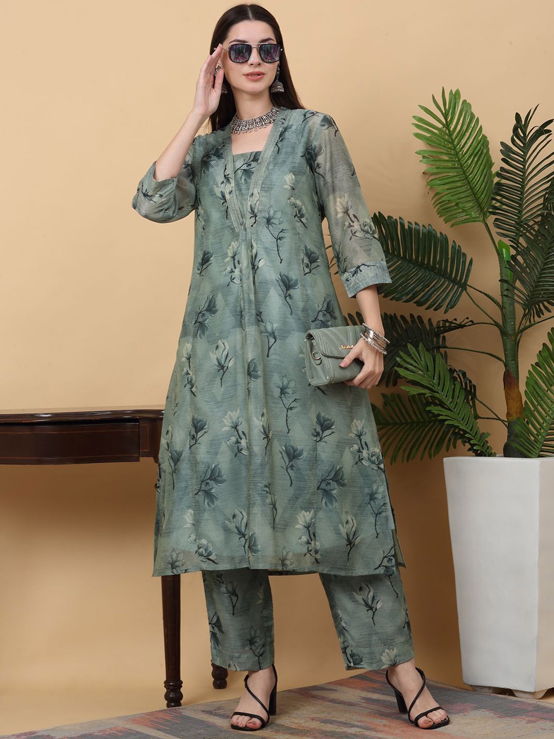 

KALINI Floral Printed A-Line V-Neck Chanderi Cotton Kurta With Trousers & Inner, Grey