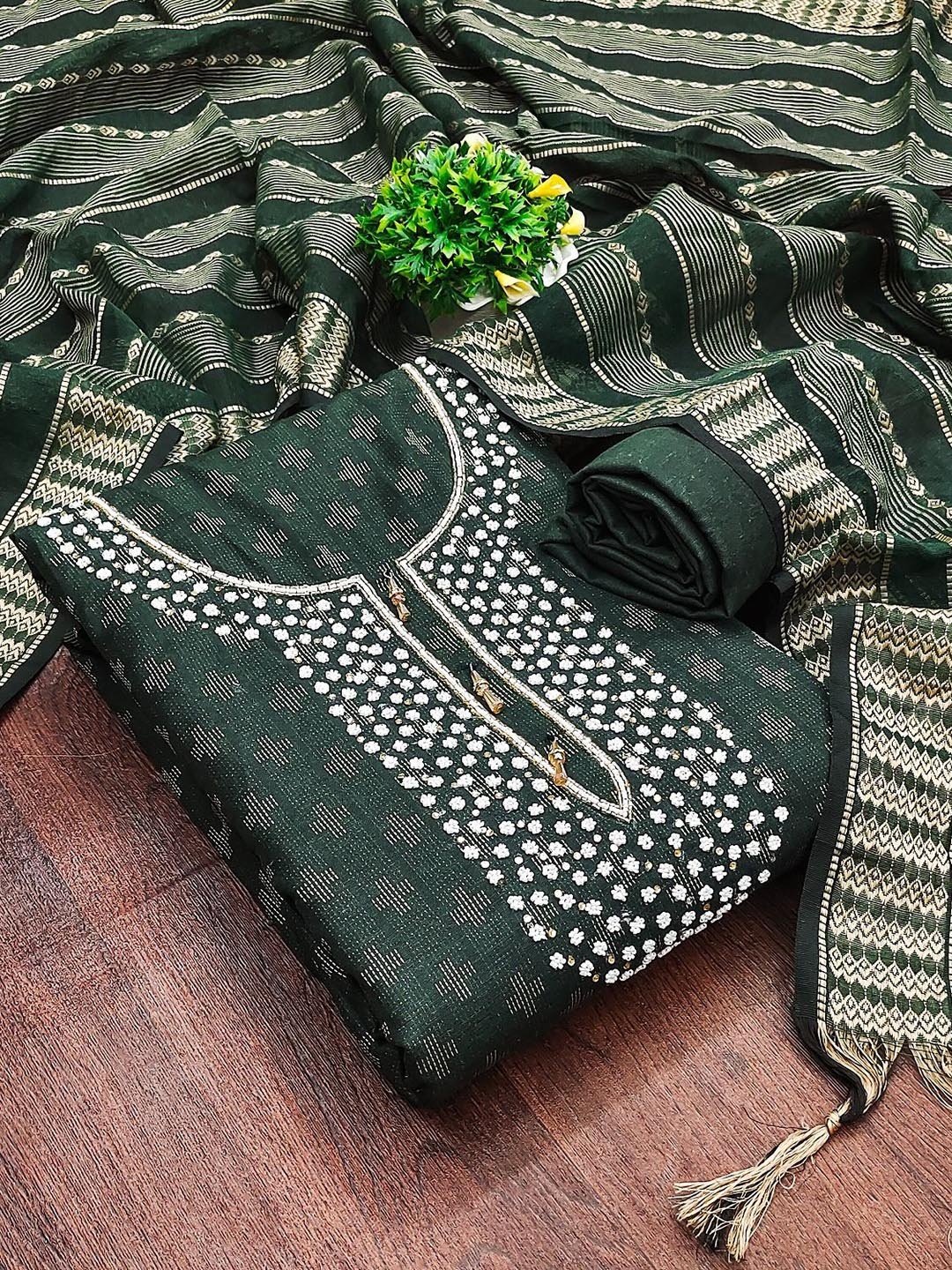 

APNISHA Geometric Woven Design Unstitched Dress Material, Green