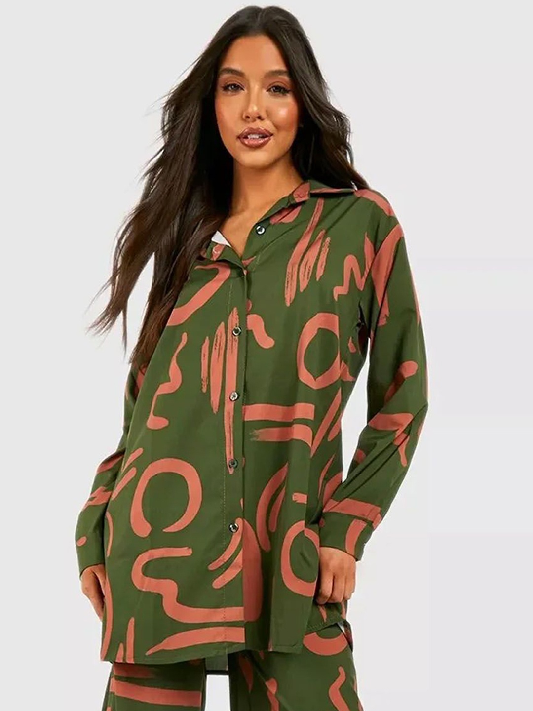 

Navvi Abstract Printed Shirt Collar Shirt With Trousers Scribble Co-Ords, Green