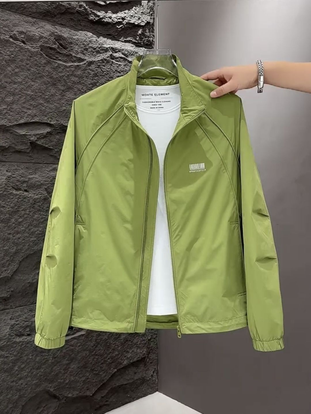 

HERE&NOW Men Typography Printed Mock Collar Bomber Jacket, Green
