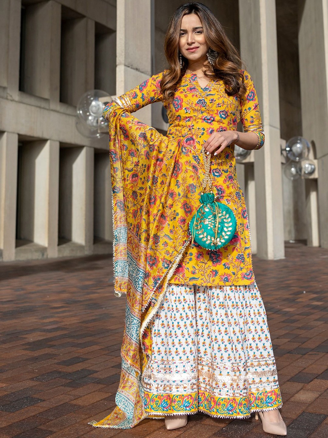 

PARTHVI Notch Neck Floral Printed Pure Cotton Kurta with Sharara & Dupatta, Yellow