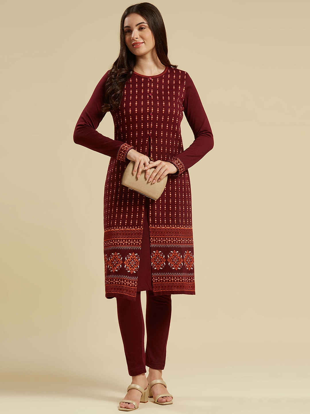 

Peachmode Floral Thread Work Pure Wool Kurta with Trouser, Maroon