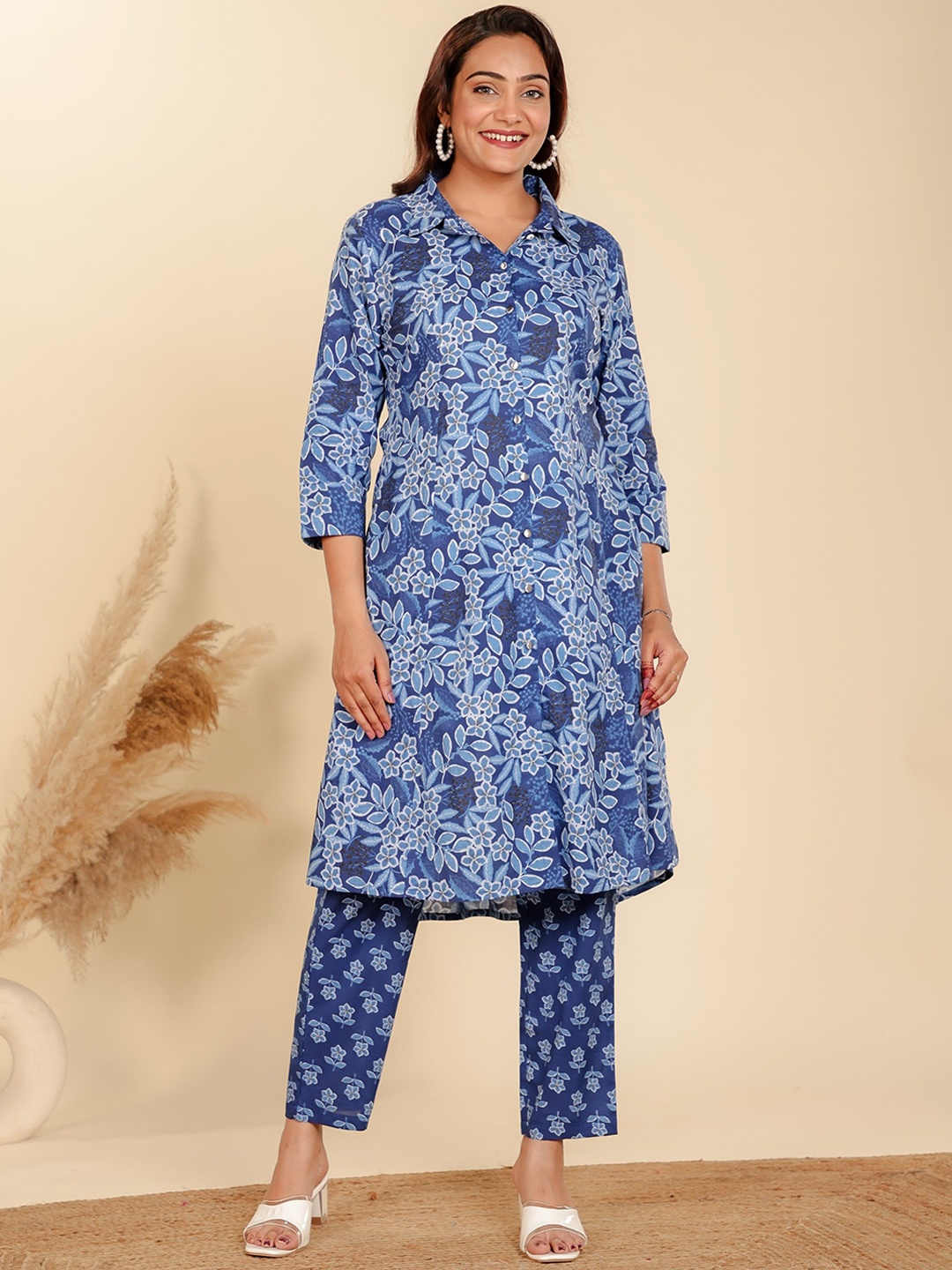 

Aramya Floral Printed Regular Beads and Stones Pure Cotton A-Line Kurta with Trousers, Blue