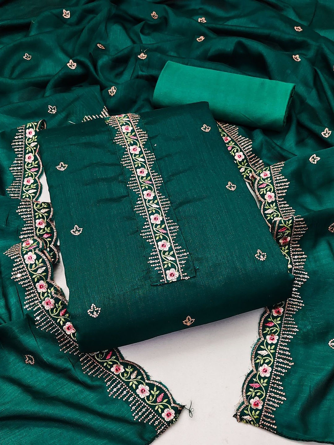 

APNISHA Floral Embroidered Pure Silk Unstitched Dress Material, Teal