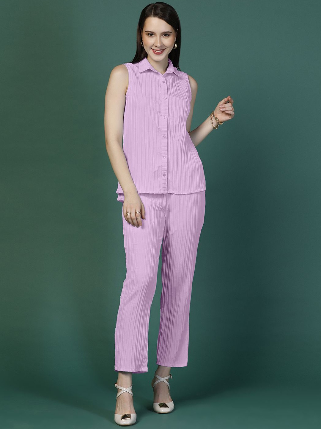 

Moda Rapido Lavendar Striped Printed Casual Shirt With Trousers, Lavender