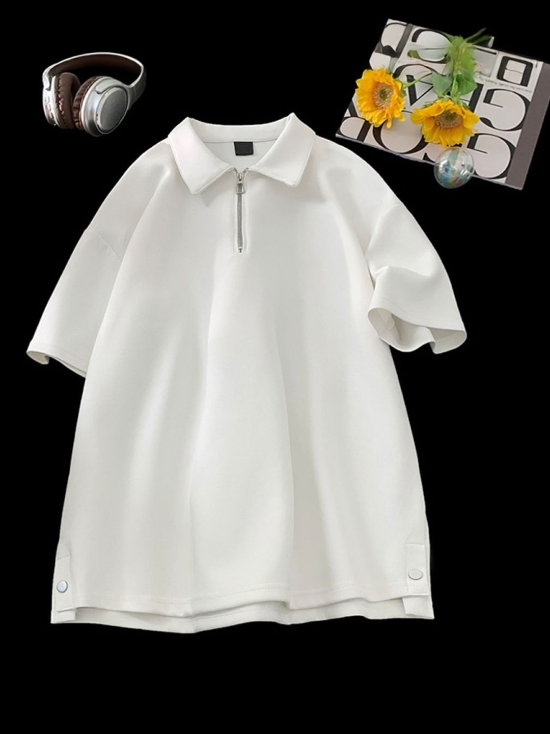 

HERE&NOW Men Solid Polo Collar Cotton Oversized T-shirt, White