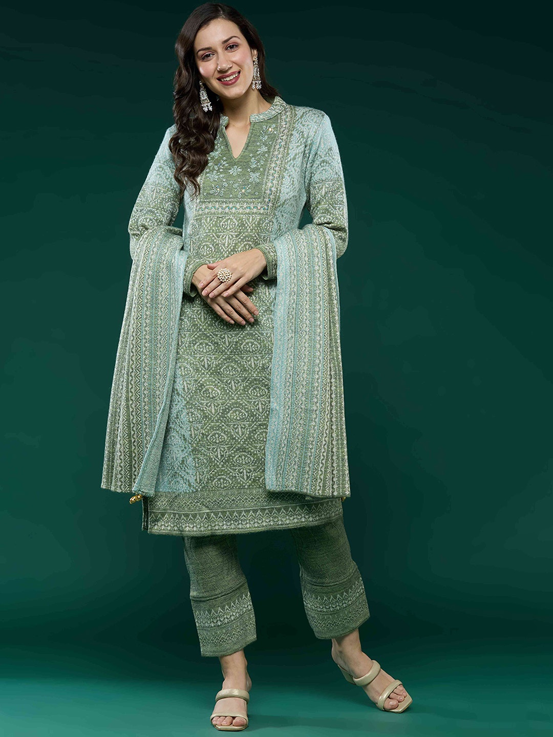 

Peachmode Floral Thread Work Pure Wool Kurta with Trouser & Dupatta, Green