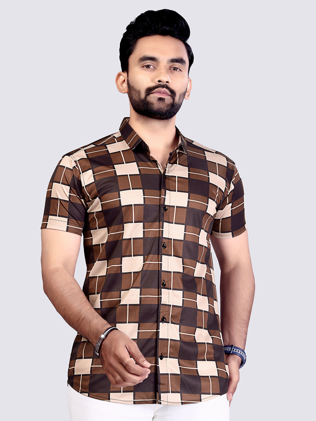 

STI Men Classic Spread Collar Geometric Printed Casual Shirt, Brown