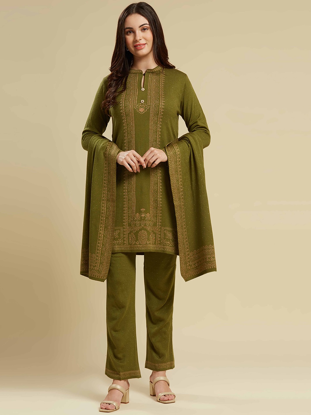 

Peachmode Floral Thread Work Pure Wool Kurti with Trouser & Dupatta, Olive