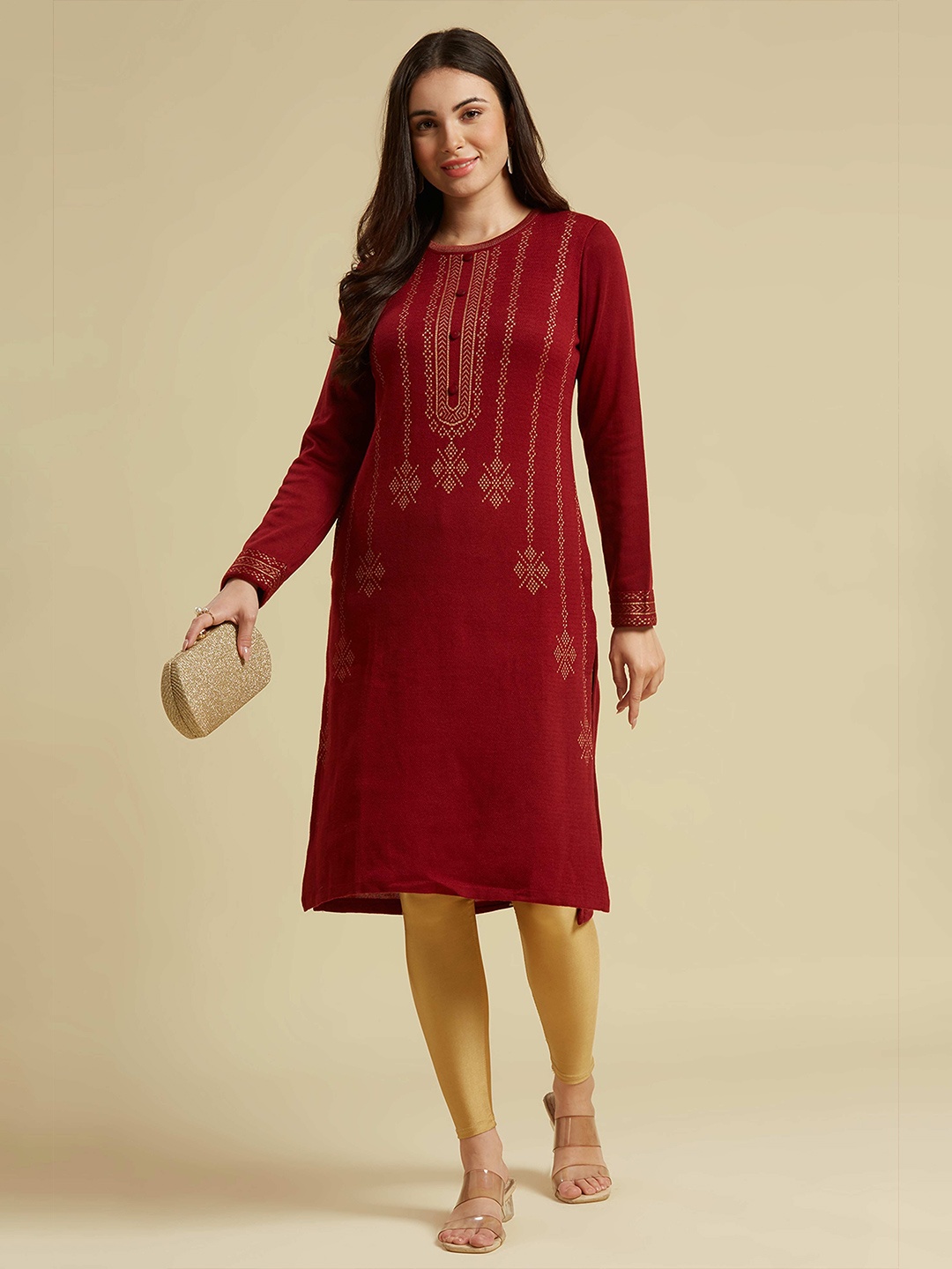 

Peachmode Geometric Woven Design Round Neck Woollen Straight Kurta, Maroon