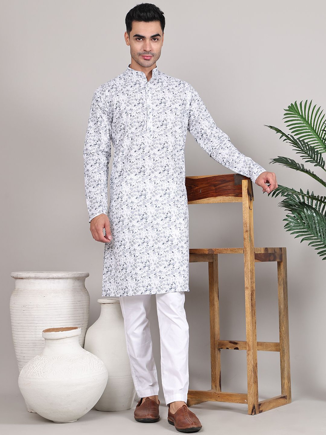 

Majestic Man Floral Printed Mandarin Collar Pure Cotton Straight Kurta, White