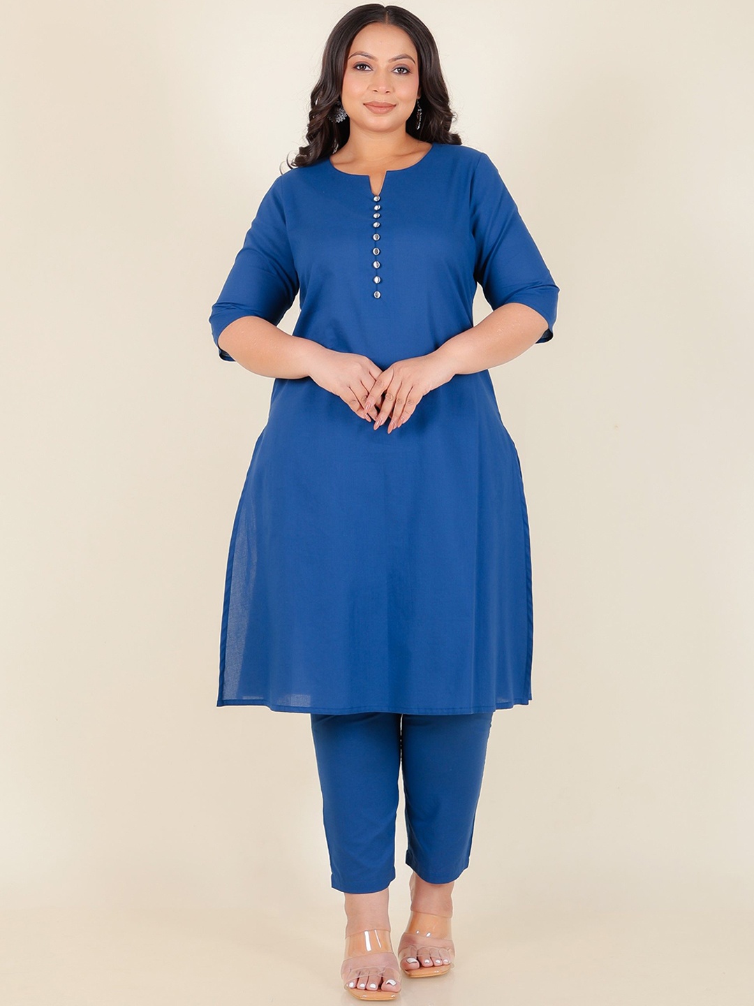 

Aramya Notch Neck Regular Beads and Stones Pure Cotton Straight Kurta with Trousers, Blue