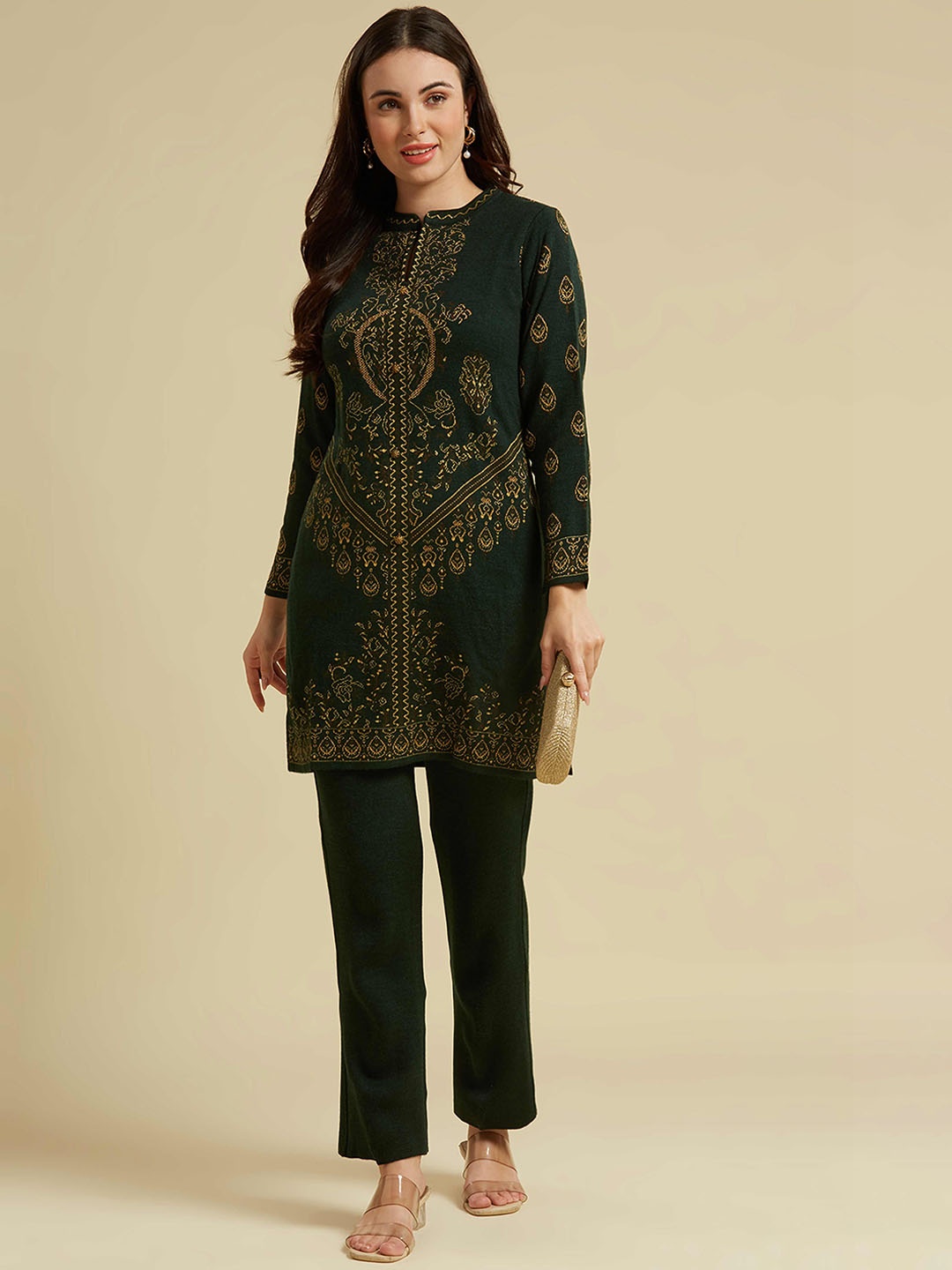 

Peachmode Ethnic Motifs Printed Pure Wool Top With Trouser, Green