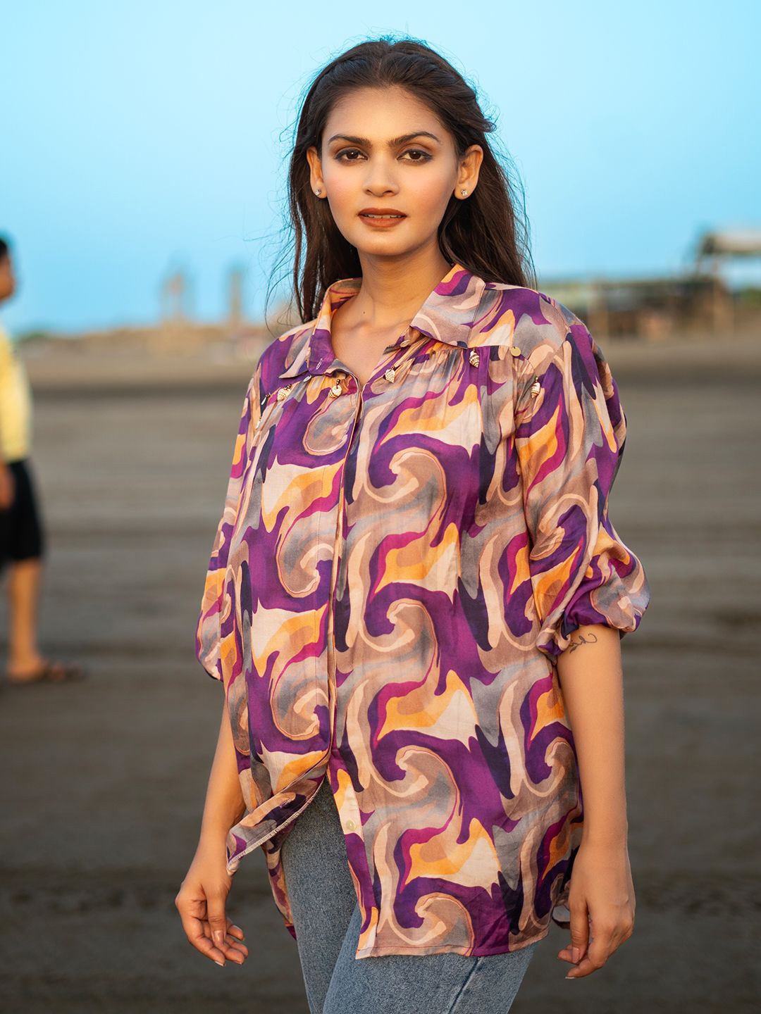 

EARTH O FAB Women Print Shirt Style Top, Purple