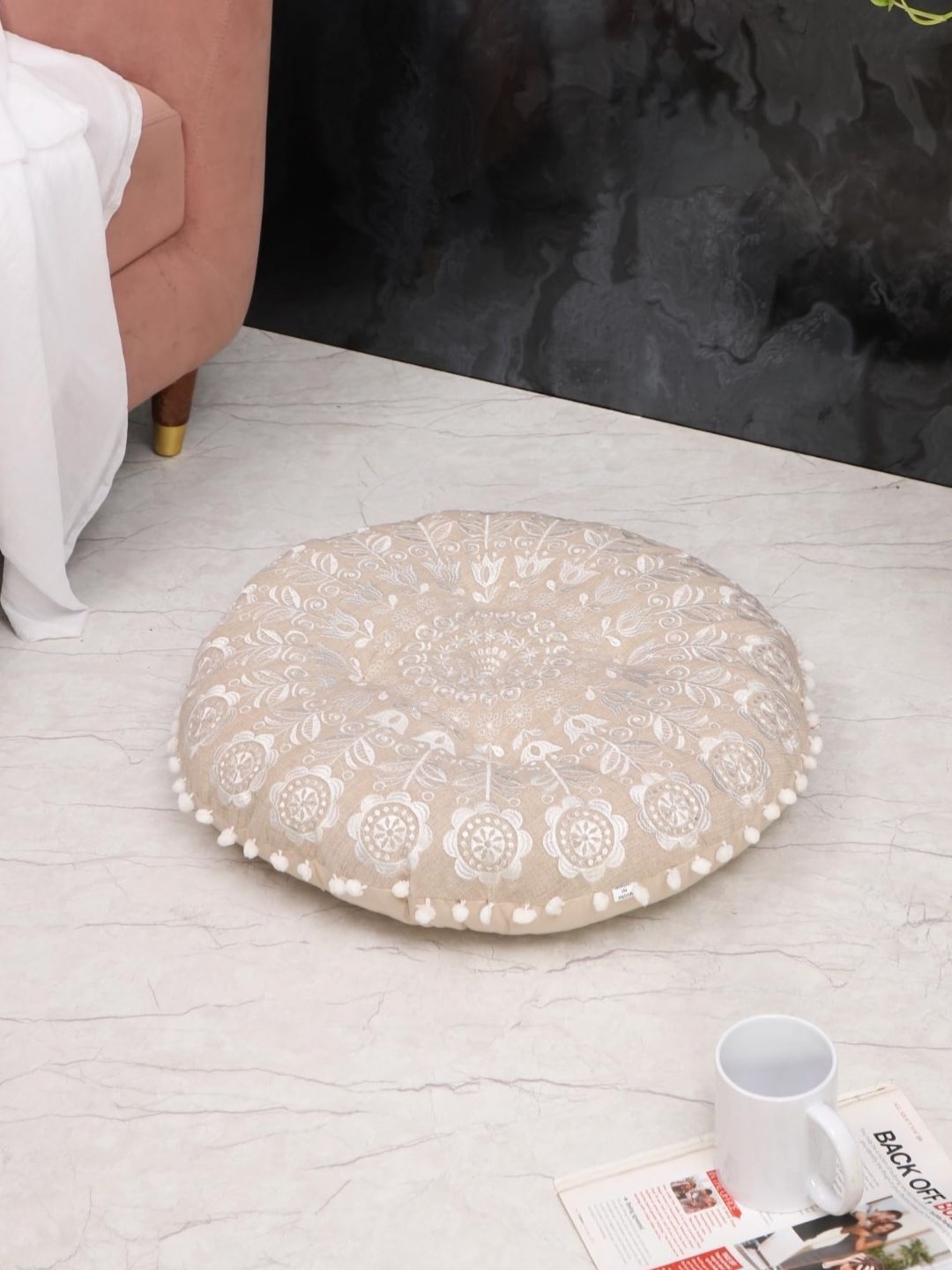 

Decoghar Beige Floor Cushion Ethnic Embroidered Floor Cushion