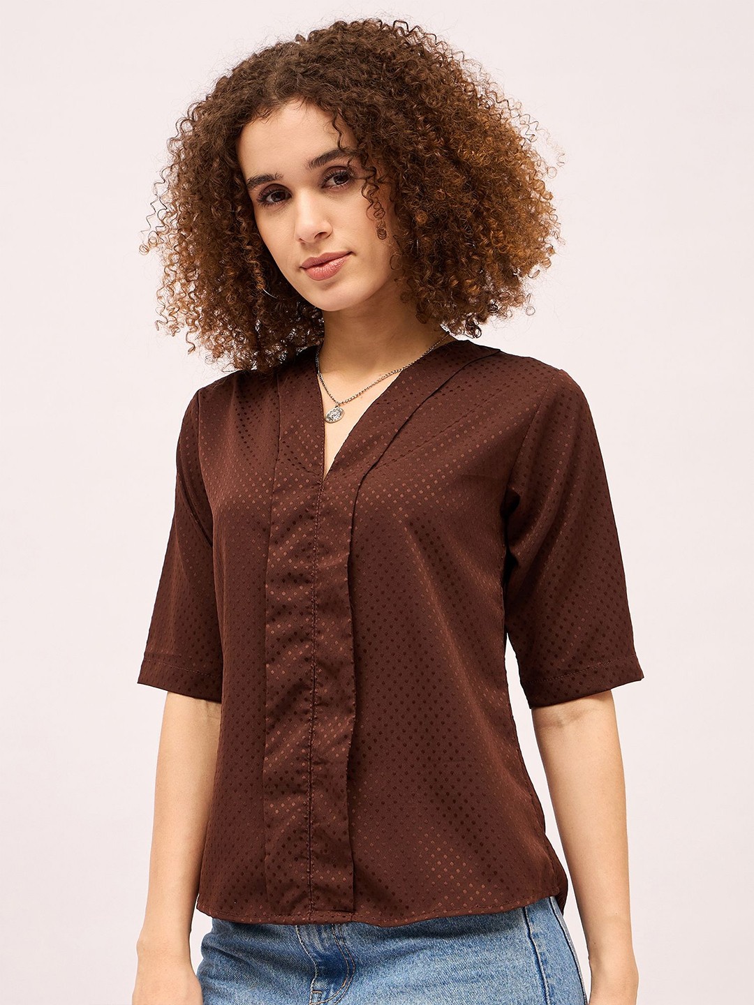

Mayra Women Self Design Shirt Style Top, Brown