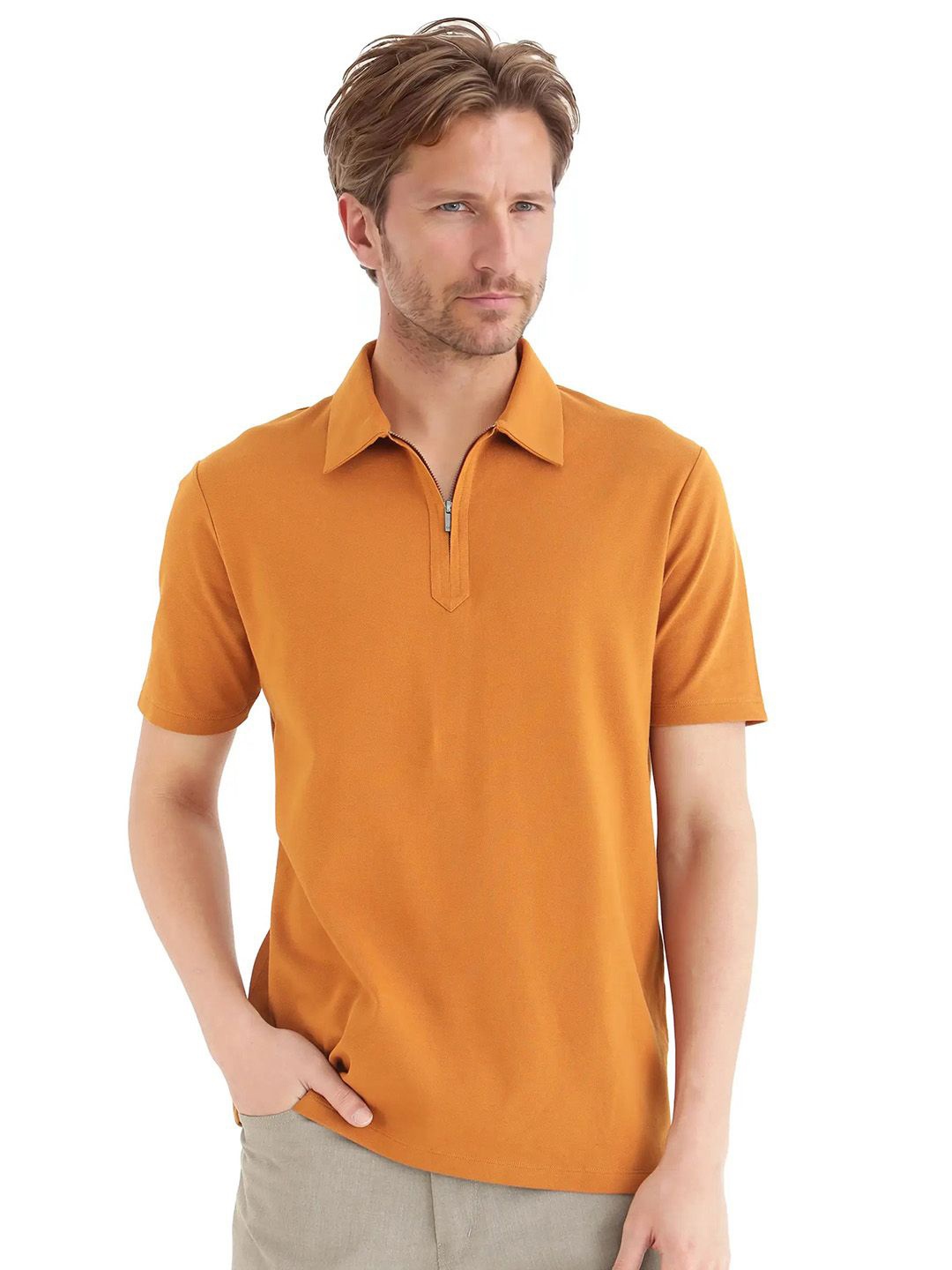 

RARE RABBIT Men Solid Polo Collar Cotton T-shirt, Rust