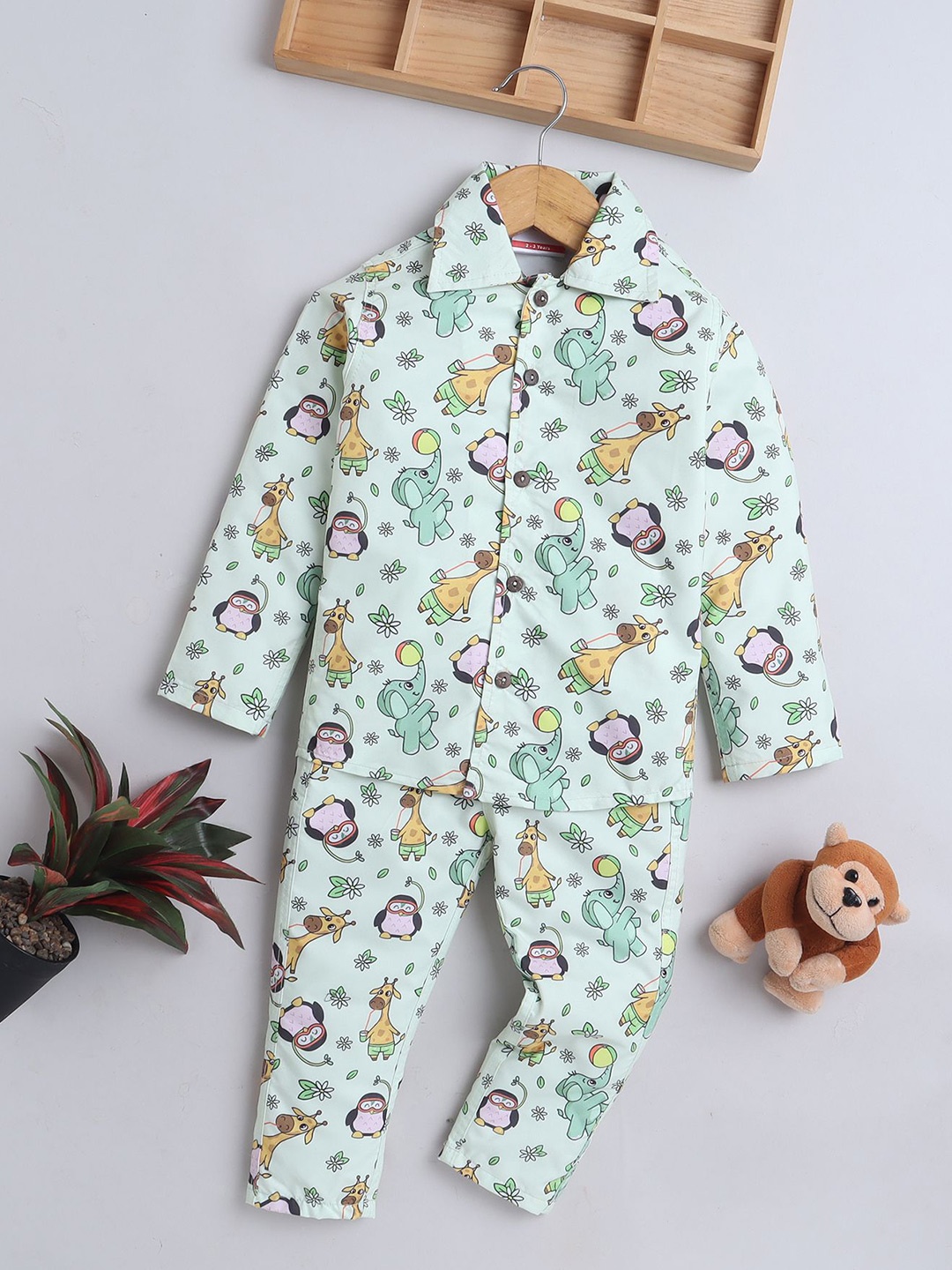 

BAATCHEET Boys Printed Long Sleeves Pure Cotton Shirt with Pyjamas, Green