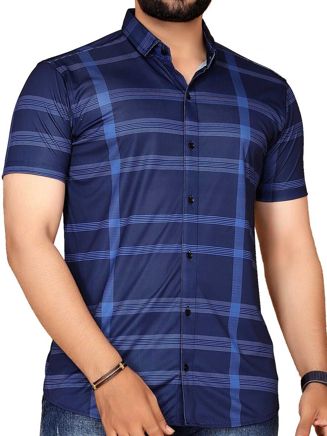 

STI Men Spread Collar Horizontal Striped Casual Shirt, Navy blue