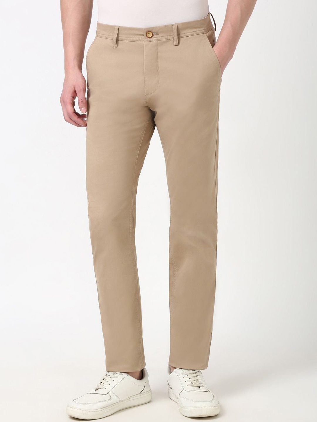 

Peter England Casuals Men Skinny Fit Mid-Rise Trousers, Beige