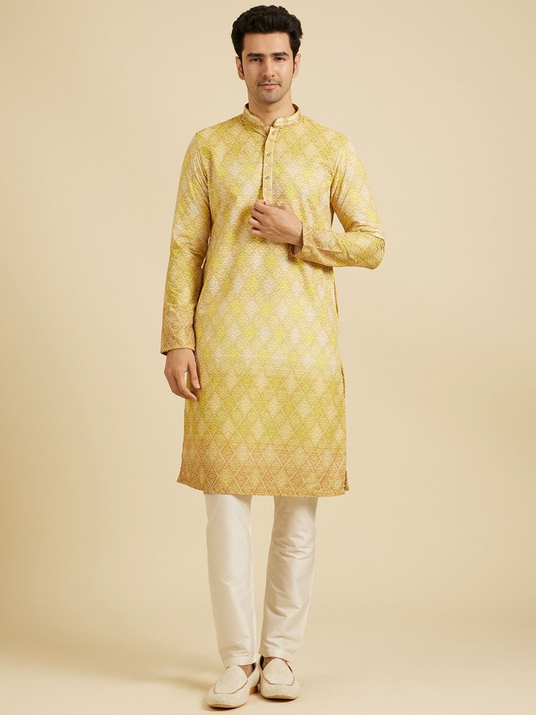 

Manyavar Ethnic Motifs Printed Mandarin Collar Straight Kurta With Pyjamas, Yellow