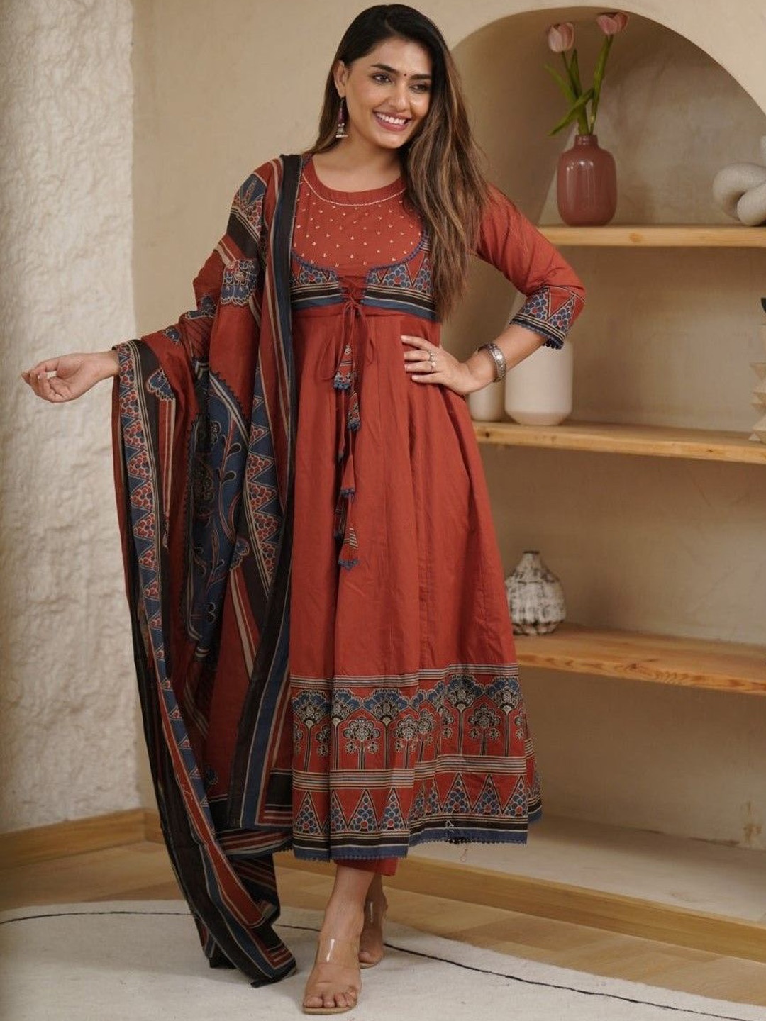 

Anouk Red Ethnic Motifs Printed Empire Zardozi Pure Cotton Kurta With Trousers & Dupatta