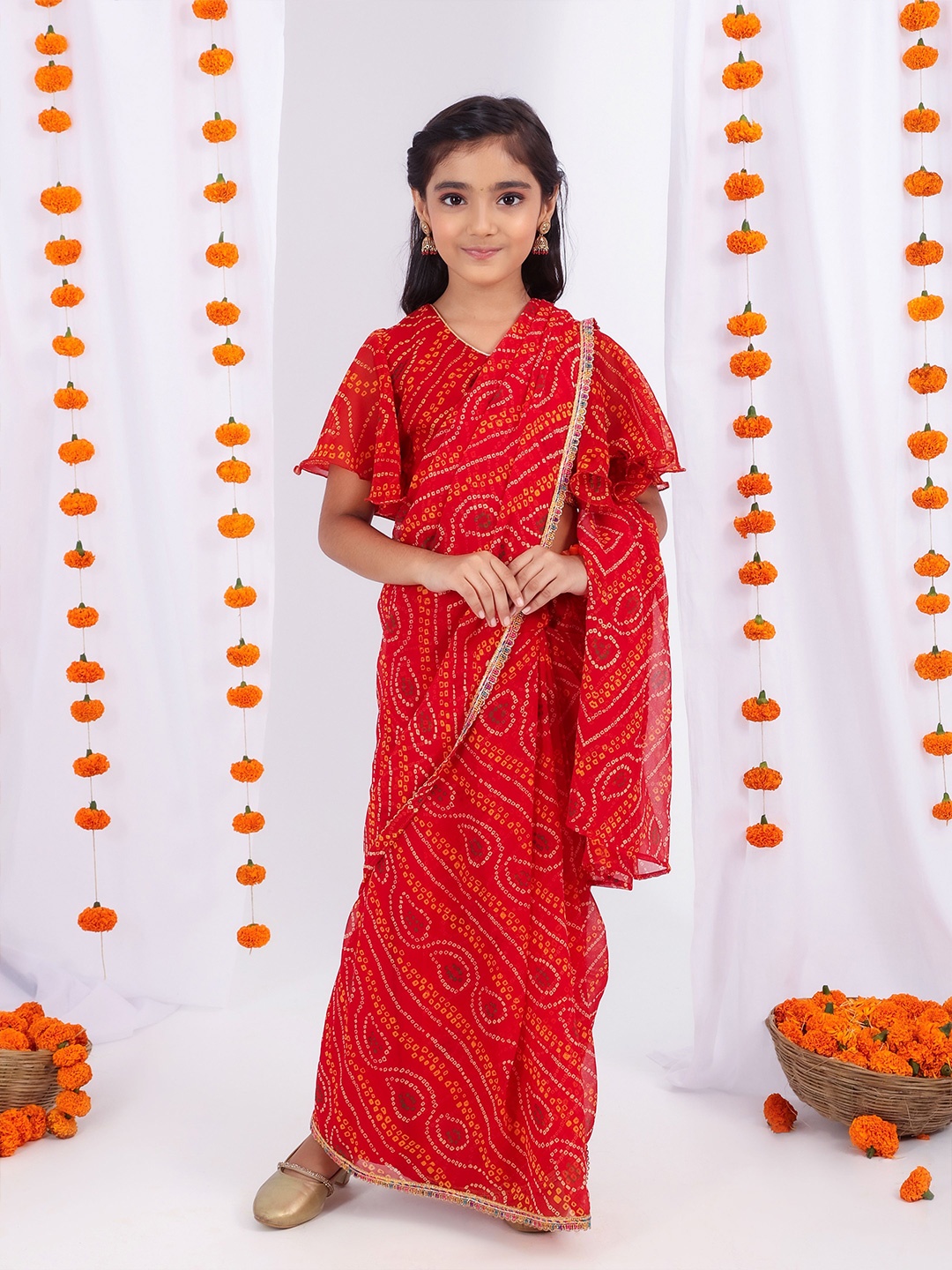 

MASTARANG Girls Bandhani Printed Saree with Flutter Sleeve, Red
