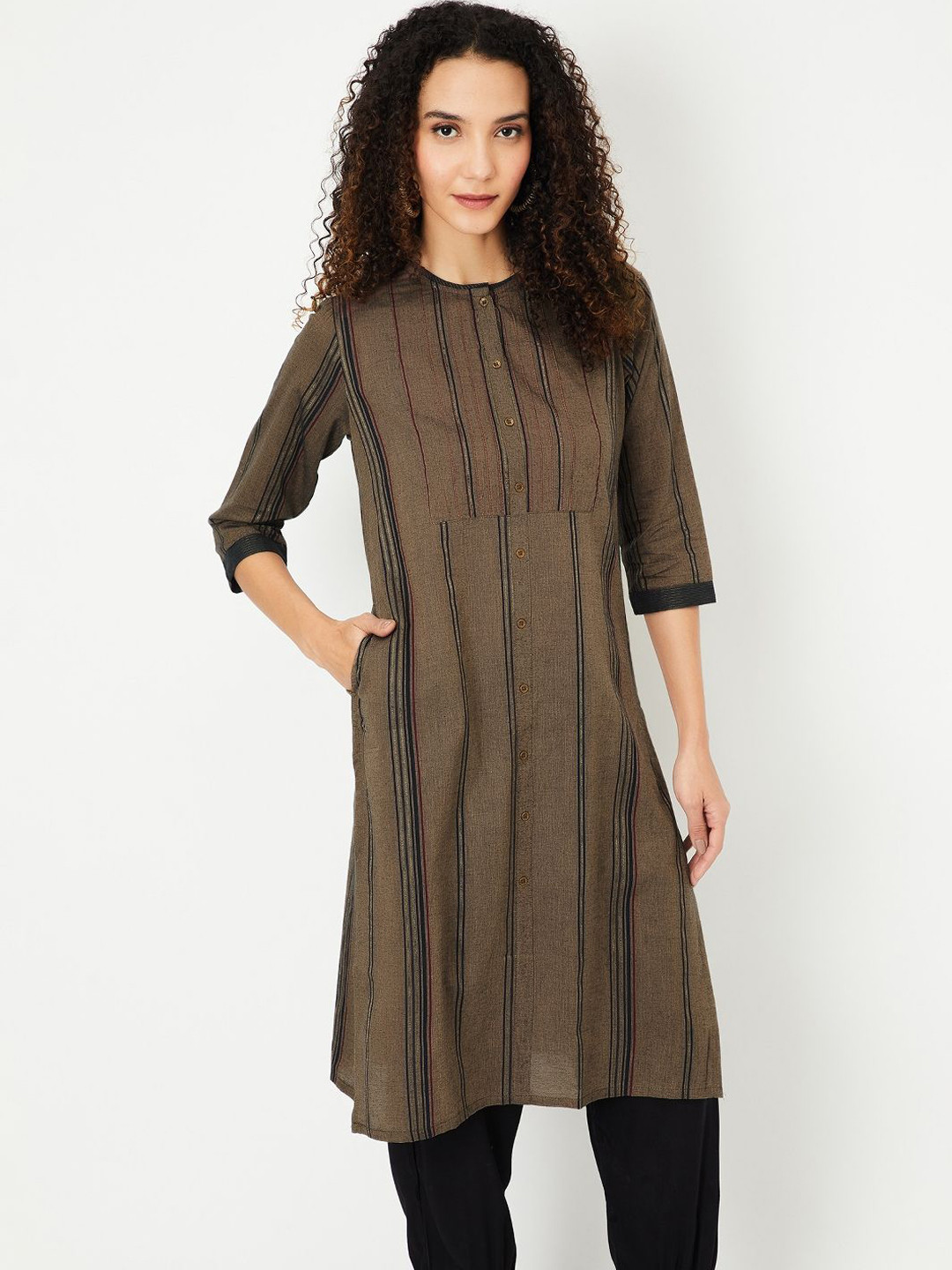 

max Striped Woven Design Straight Cotton Kurta, Brown