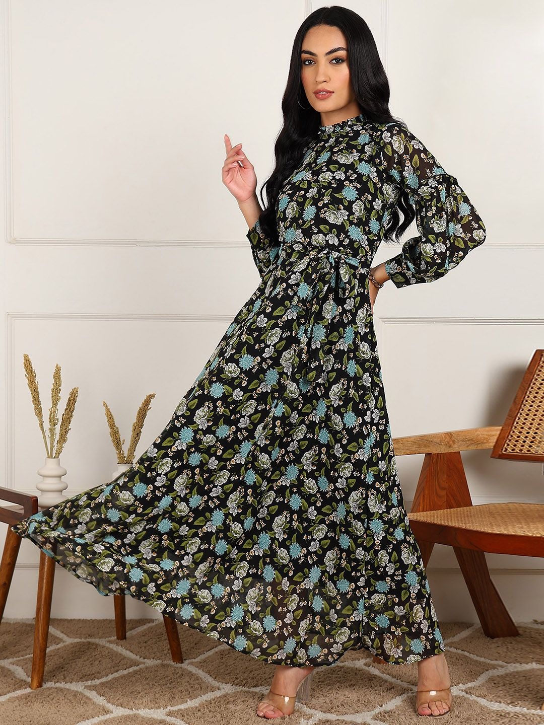 

all about you Women Floral Print Flared Sleeve Fit & Flare Maxi Dress, Black