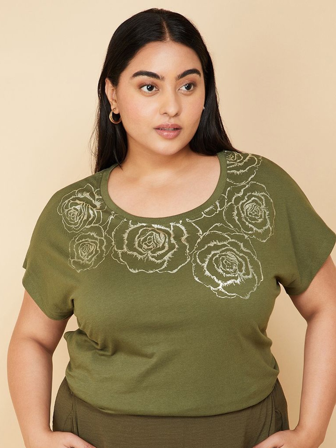 

max Women Floral Printed Round Neck Cotton T-shirt, Olive