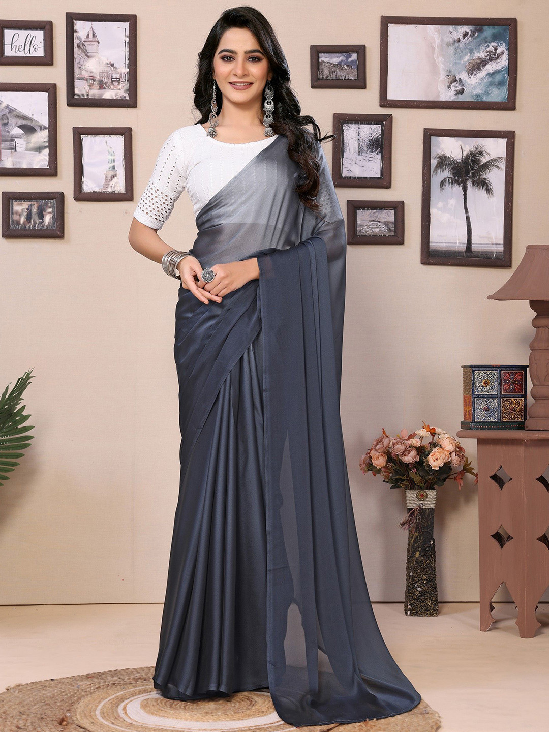 

LeeliPeeri Designer Satin Ready To Wear Saree With Blouse Piece, Grey