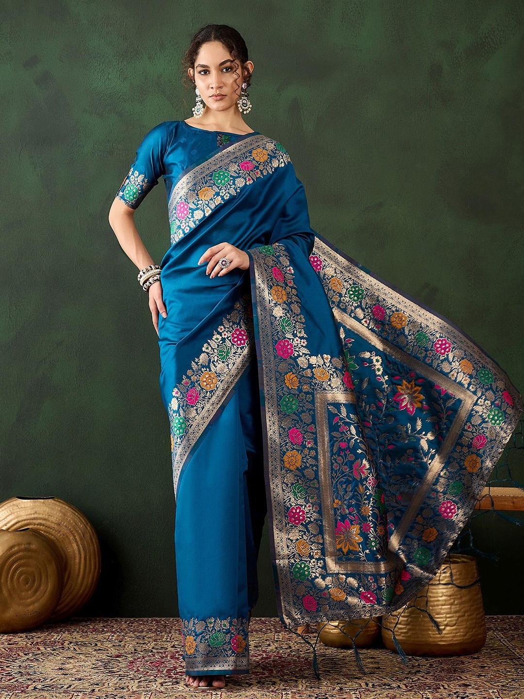 

Mitera Woven Design Floral Zari Saree, Blue