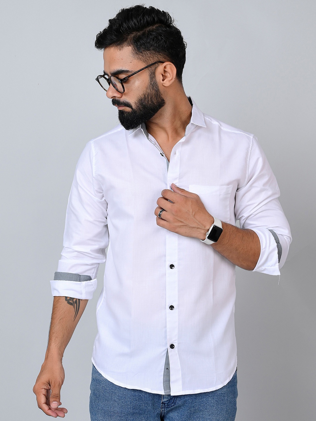 

Tanip Men Spread Collar Solid Cotton Casual Shirt, White