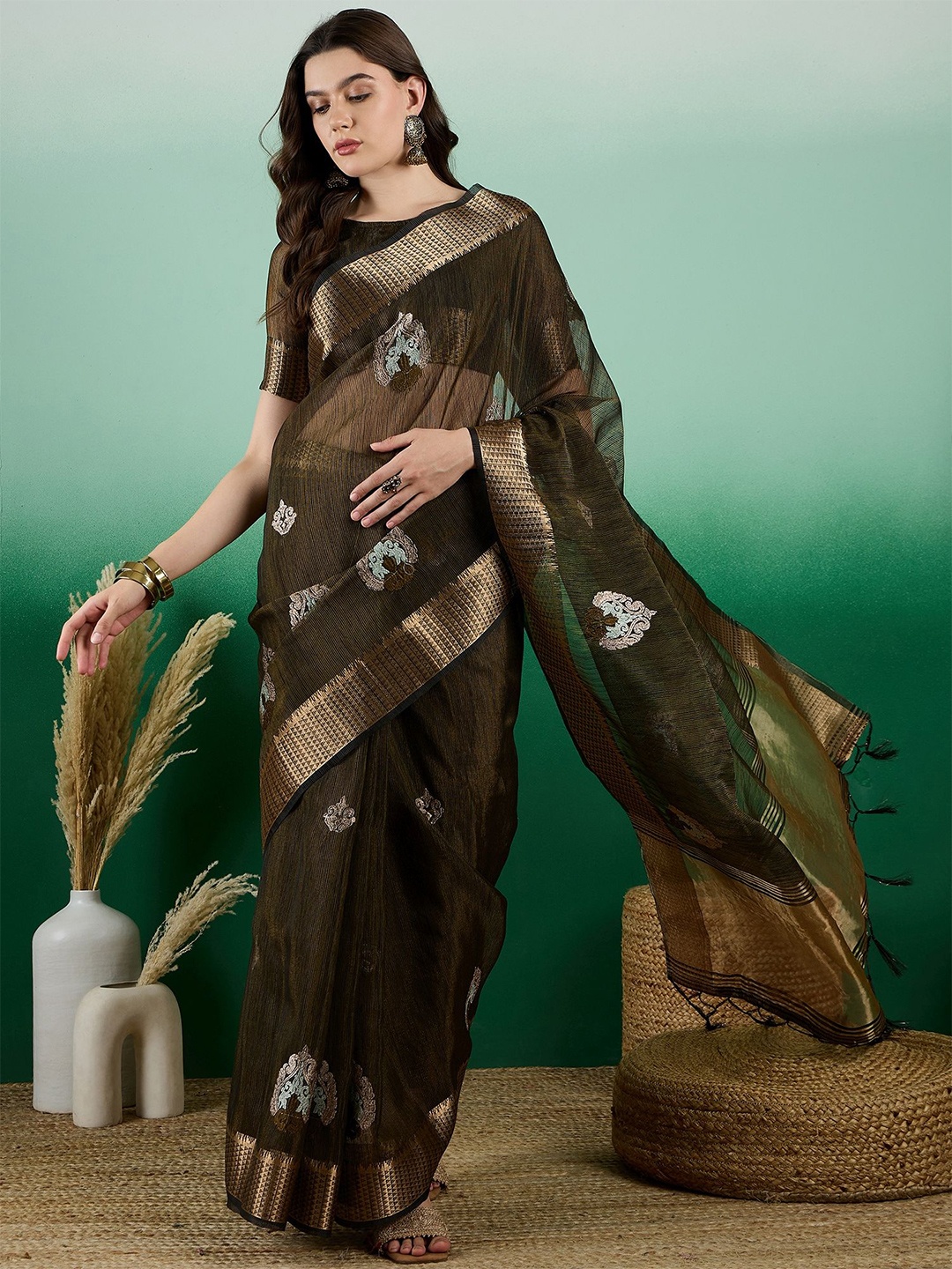 

Mitera Women Woven Design Zari Organza Saree, Green