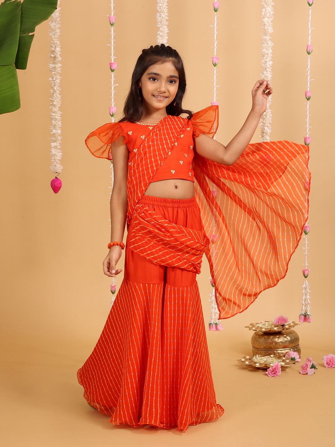 

MASTARANG Girls Orange Georgette With Round Neck And Flutter Sleeve saree