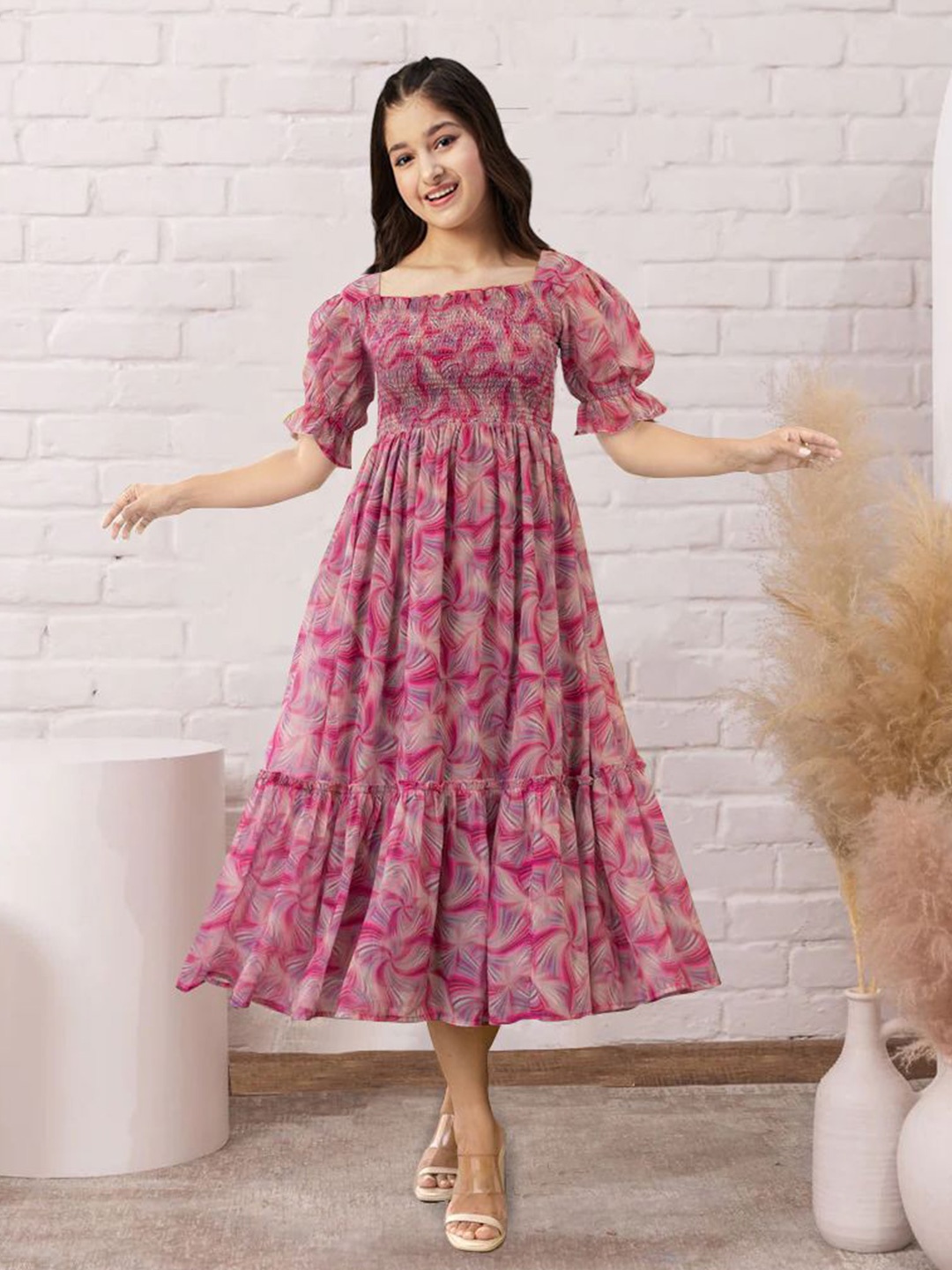 

BAESD Girls Floral Print Fit & Flare Midi Dress, Pink