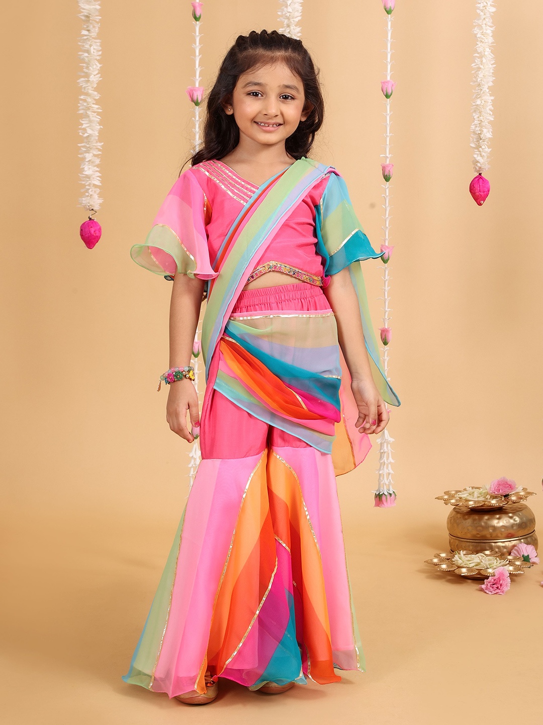 

MASTARANG Girls Striped Gotta Patti Pure Georgette Palazzo Saree, Pink