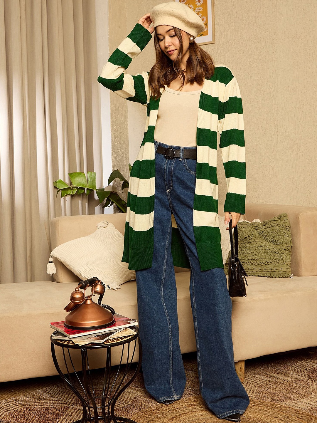 

Berrylush Women Striped Longline Cardigan, Green