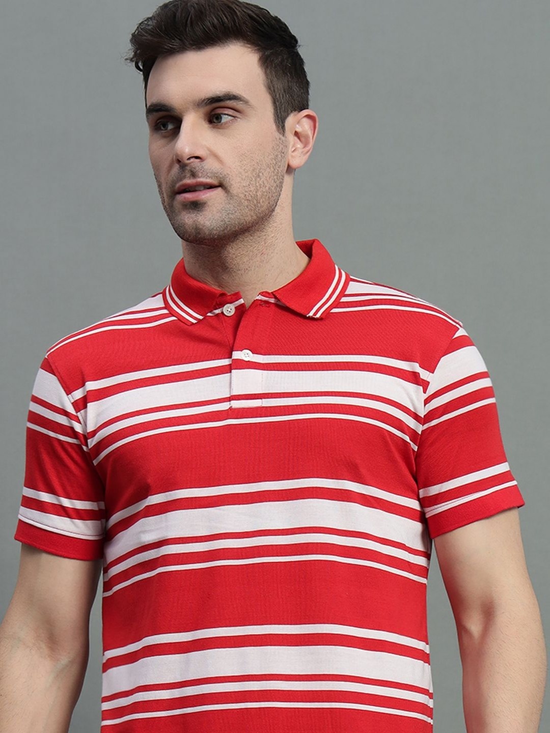 

GET GOLF Men Striped Polo Collar Cotton T-shirt, Red