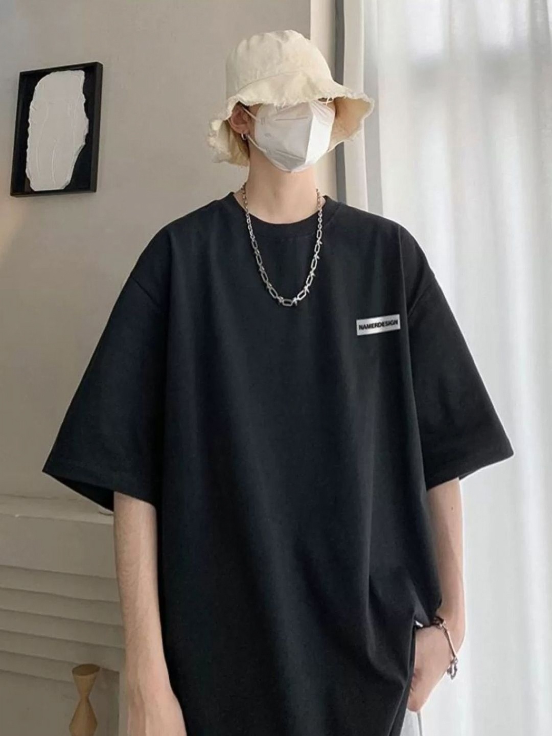 

HERE&NOW Men Typography Printed Round Neck Oversized T-shirt, Black
